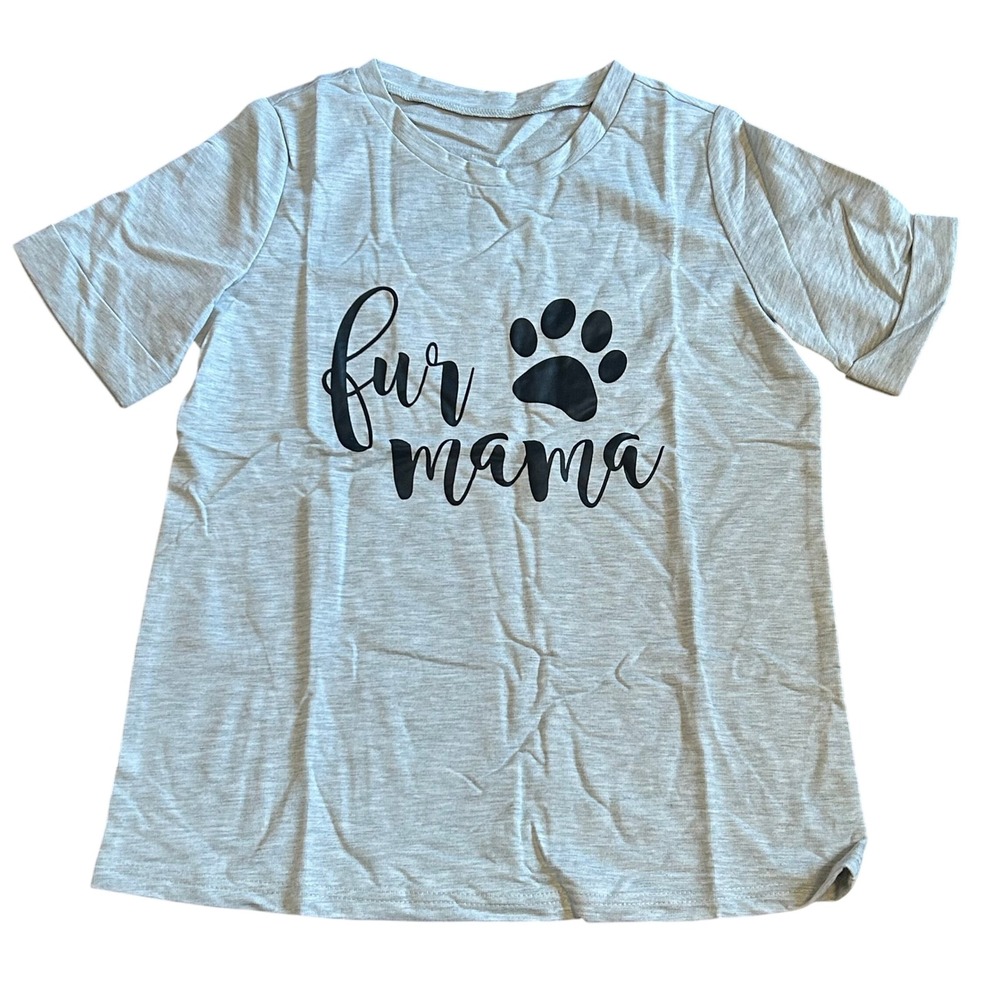 Fur Mama Paw Print Graphic‎ T-Shirt Womens Gray Pet Lover Tee Top Medium